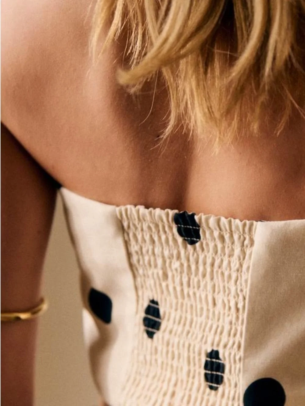 SEZANE EDITIONS Ecru Cream & Black Polka Dot Printed Linen Strapless Peplum Top - Picture 14 of 17